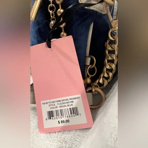 Juicy Couture “The Key to Juicy” Dome Satchel Crossbody | Navy Blue Velour Bag - Picture 3 of 6